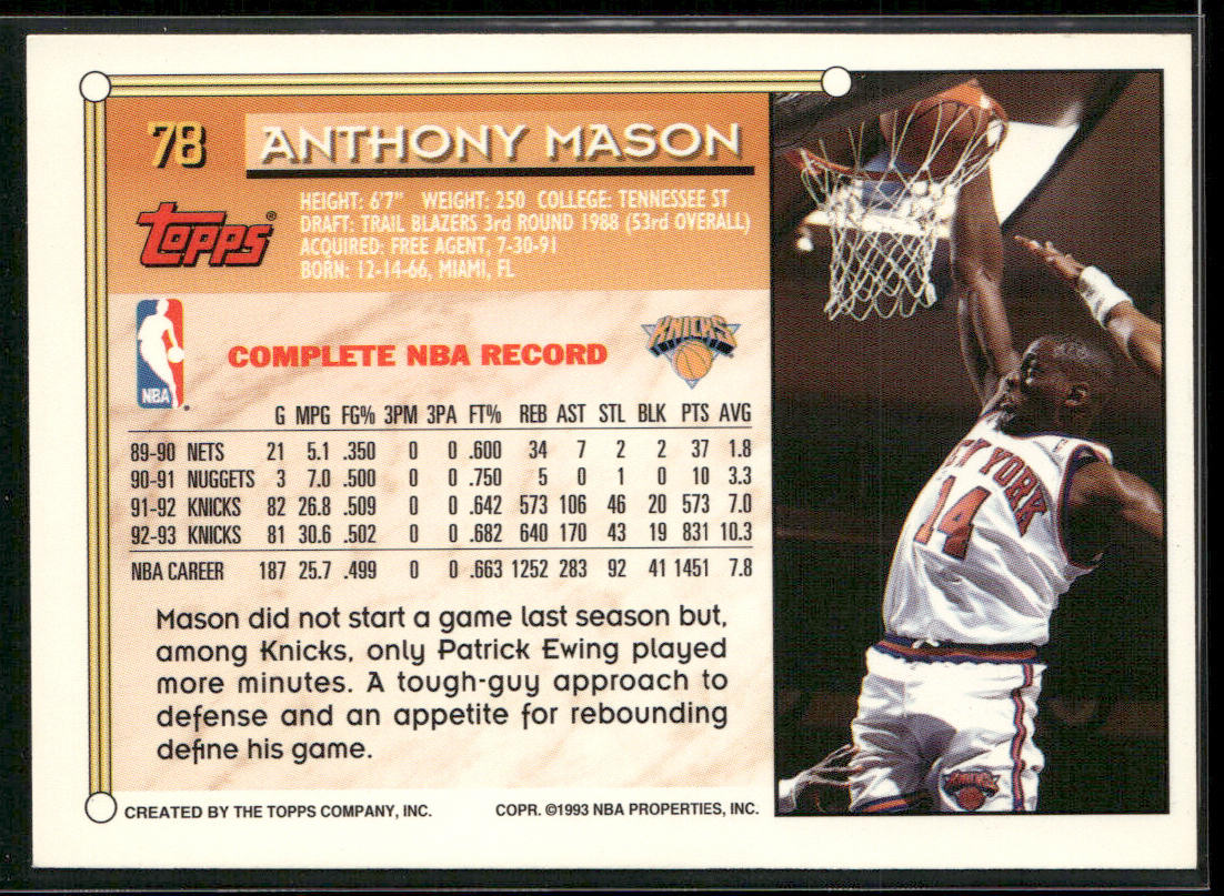Anthony Mason 1993-94 Topps #78 New York Knicks