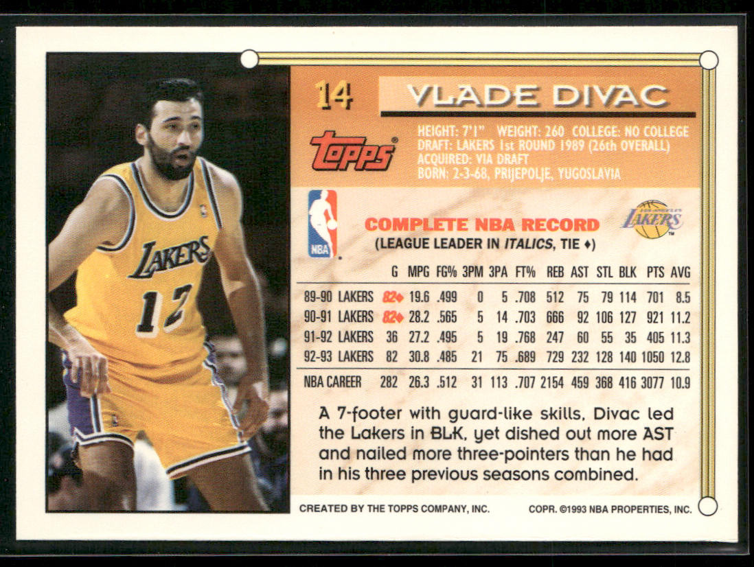 Vlade Divac 1993-94 Topps #14 Los Angeles Lakers