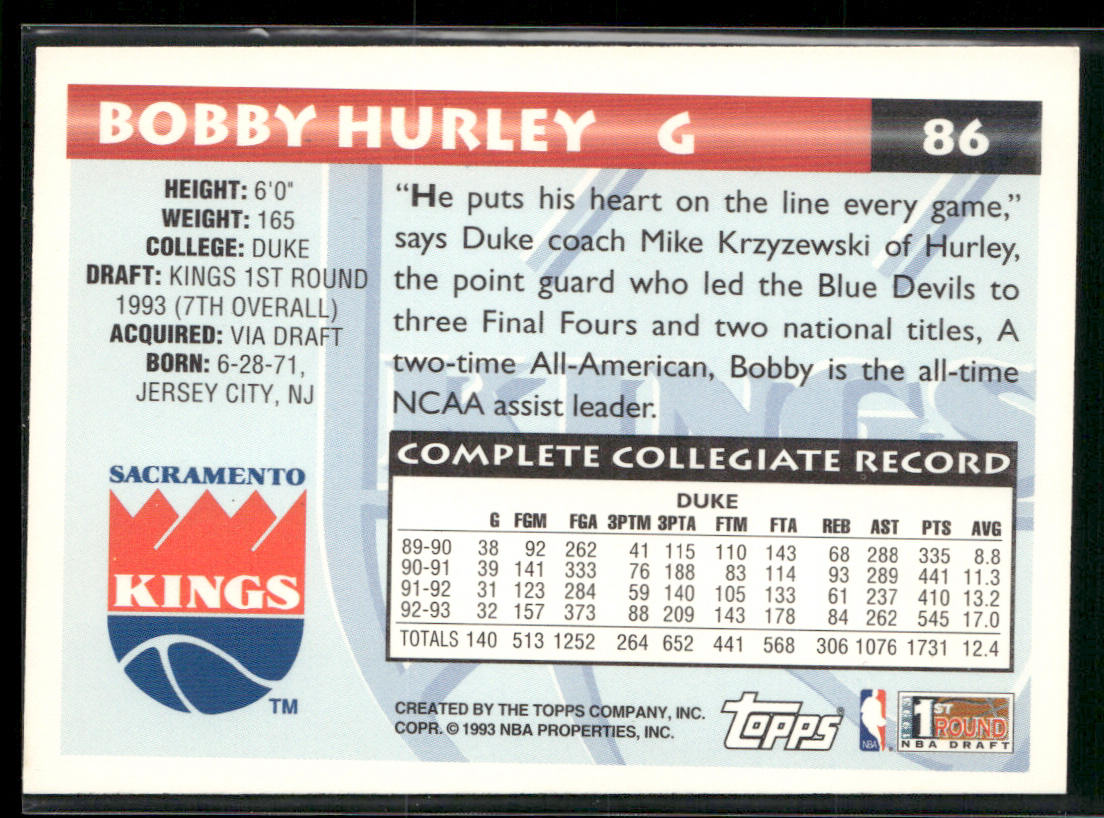 Bobby Hurley 1993-94 Topps Gold #86 RC Sacramento Kings