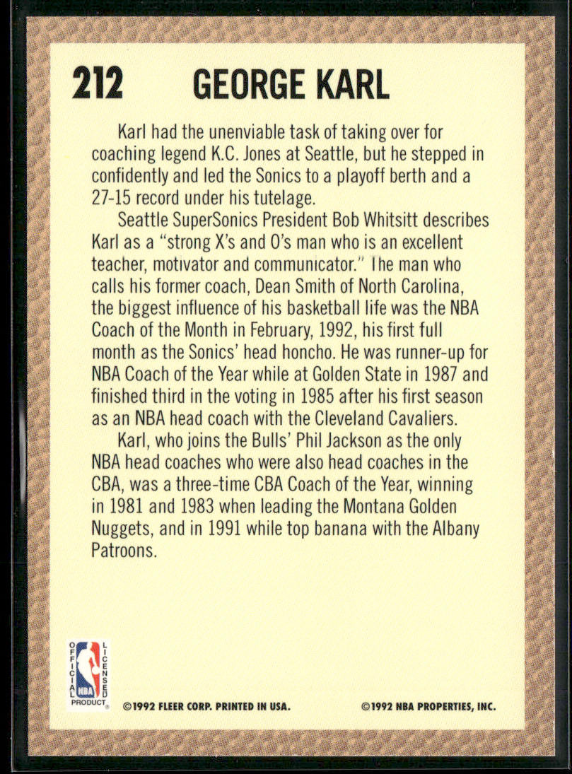 George Karl 1992-93 Fleer #212 Seattle SuperSonics