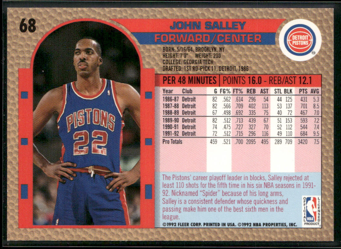 John Salley 1992-93 Fleer #68 Detroit Pistons