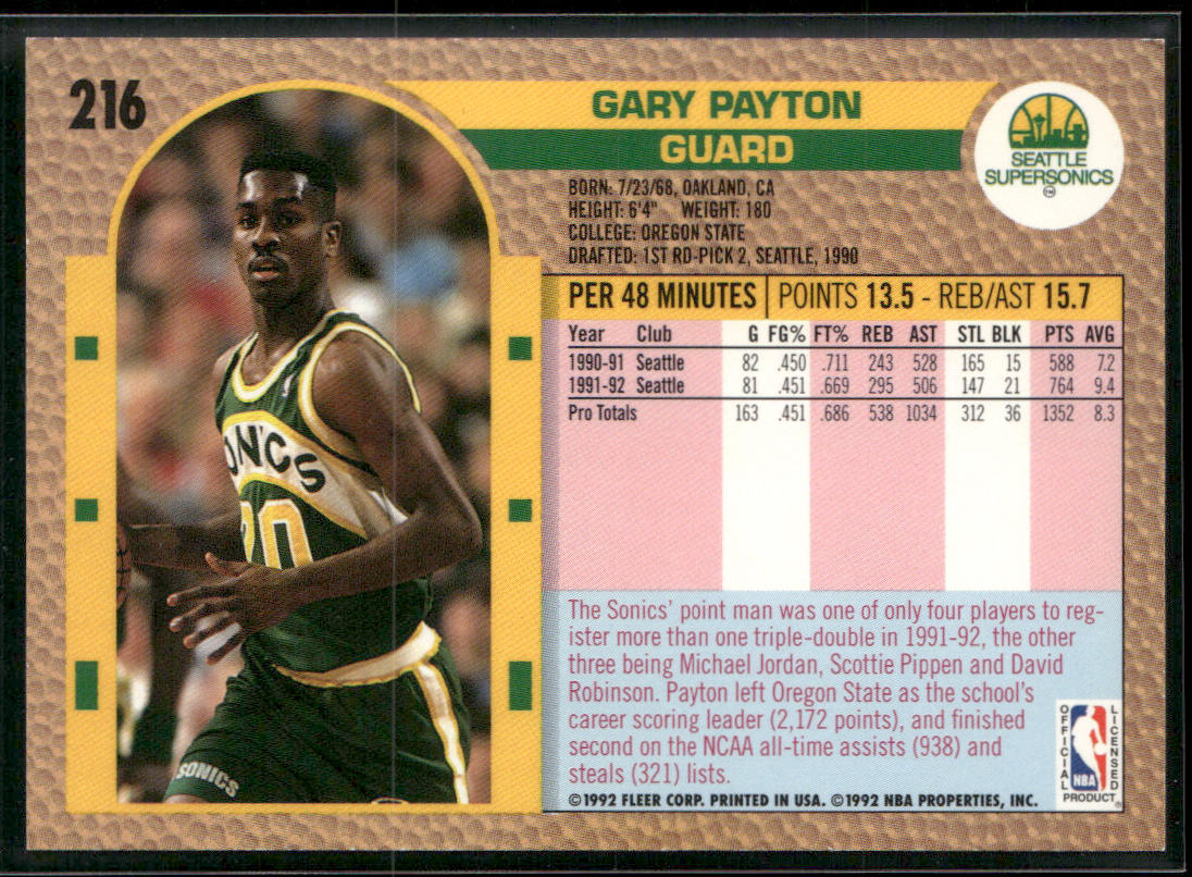 Gary Payton 1992-93 Fleer #216 Seattle SuperSonics