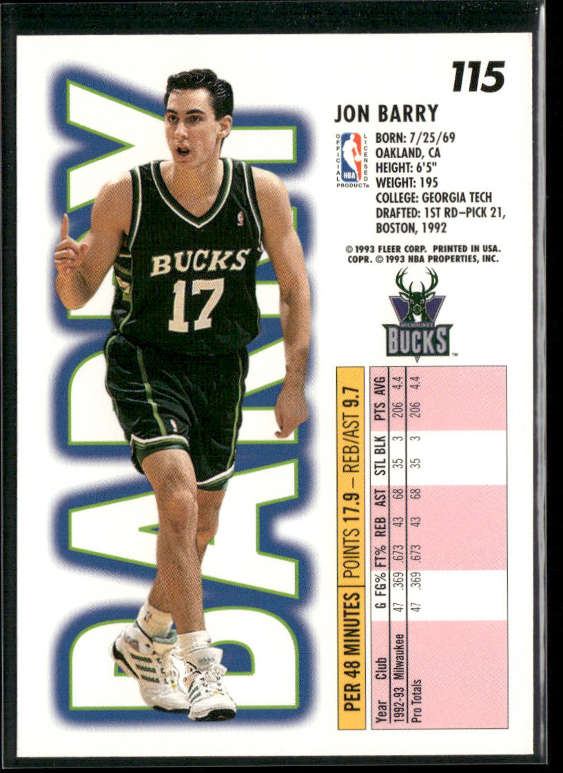 Jon Barry 1993-94 Fleer #115 Milwaukee Bucks