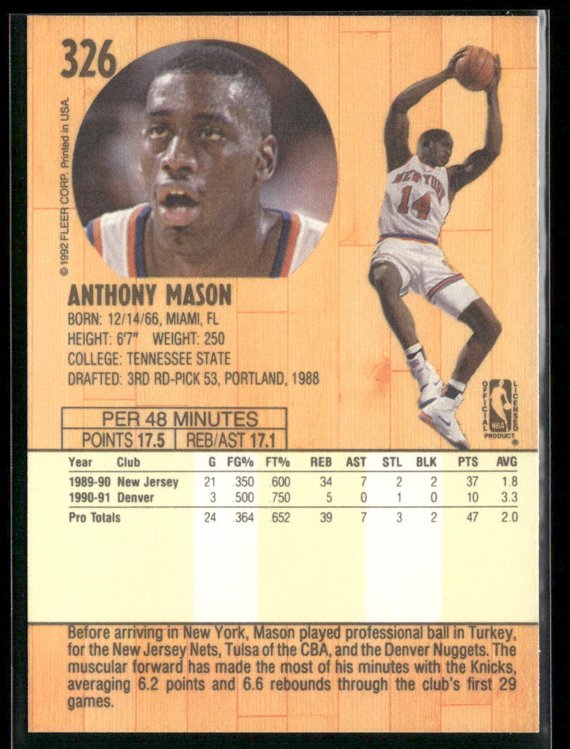 Anthony Mason 1991-92 Fleer #326 RC New York Knicks