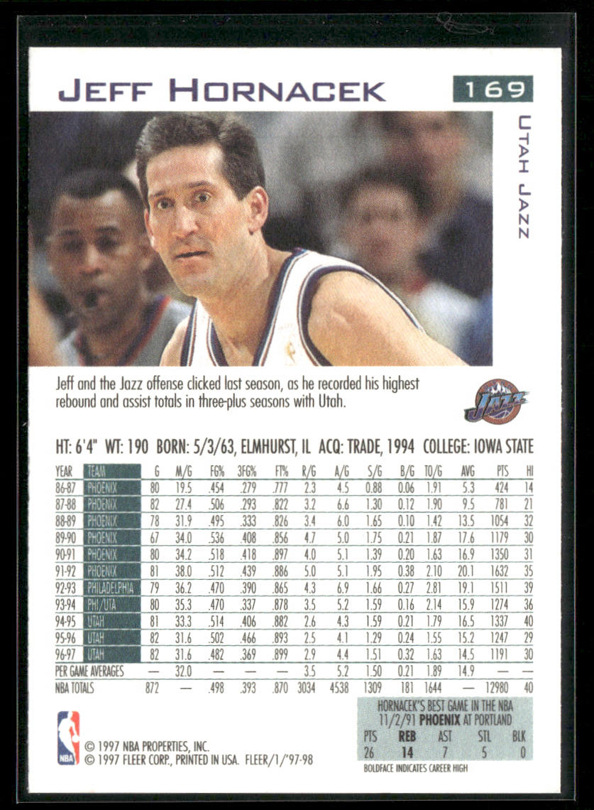 Jeff Hornacek 1997-98 Fleer #169 Utah Jazz