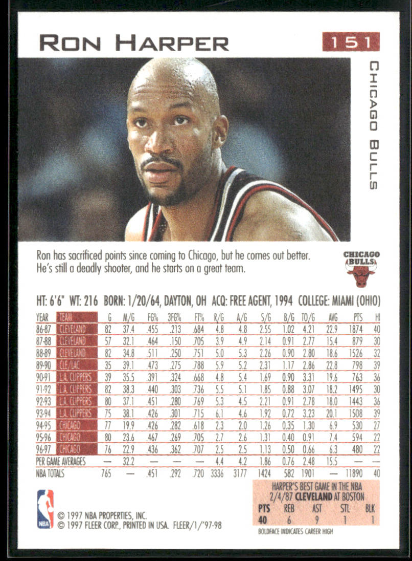 Ron Harper 1997-98 Fleer #151 Chicago Bulls