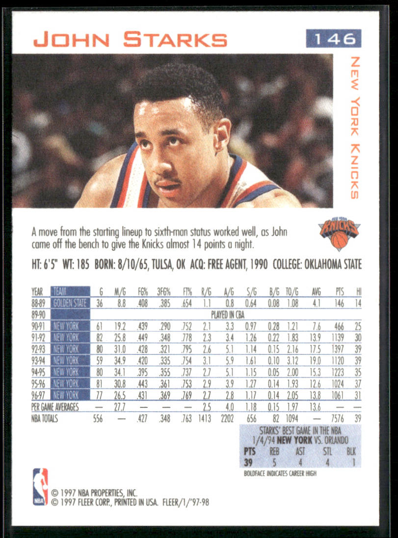 John Starks 1997-98 Fleer #146 New York Knicks
