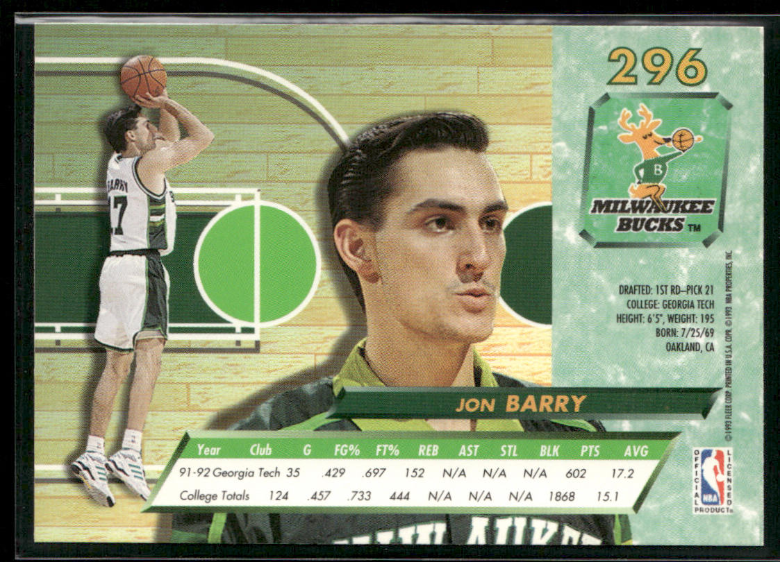 Jon Barry 1992-93 Ultra #296 RC Milwaukee Bucks