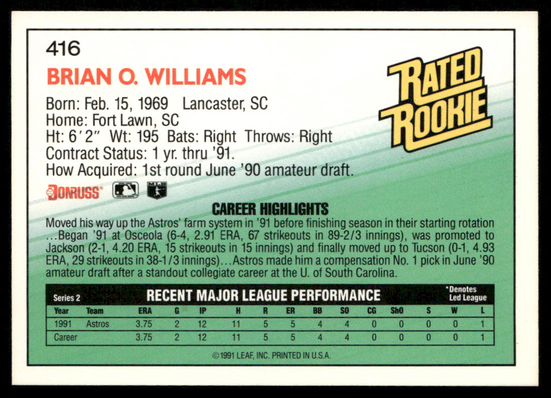 Brian Williams 1992 Donruss #416 RC Houston Astros