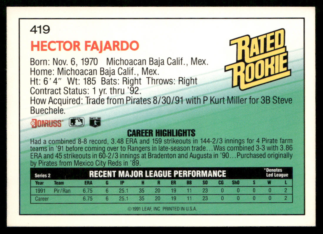 Hector Fajardo 1992 Donruss #419 RC Texas Rangers