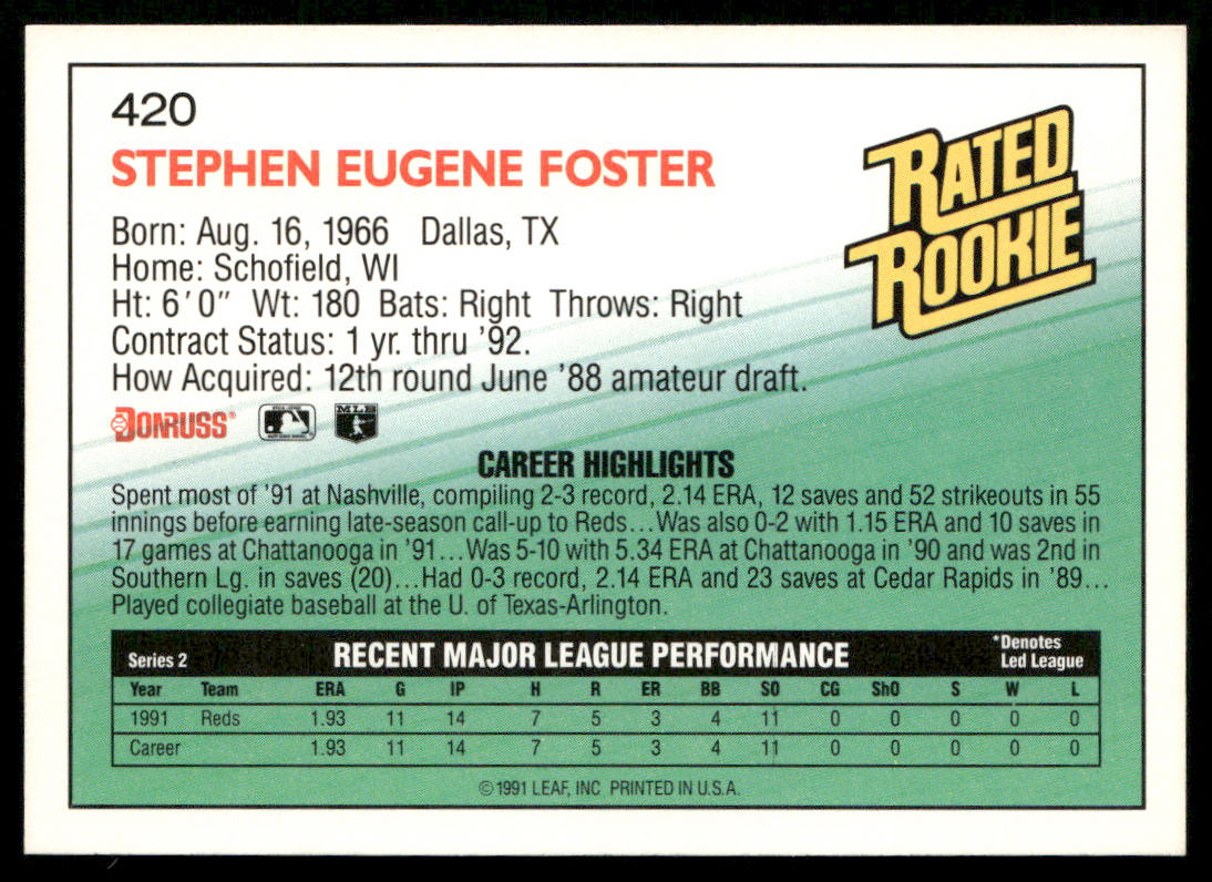 Steve Foster 1992 Donruss #420 RC Cincinnati Reds