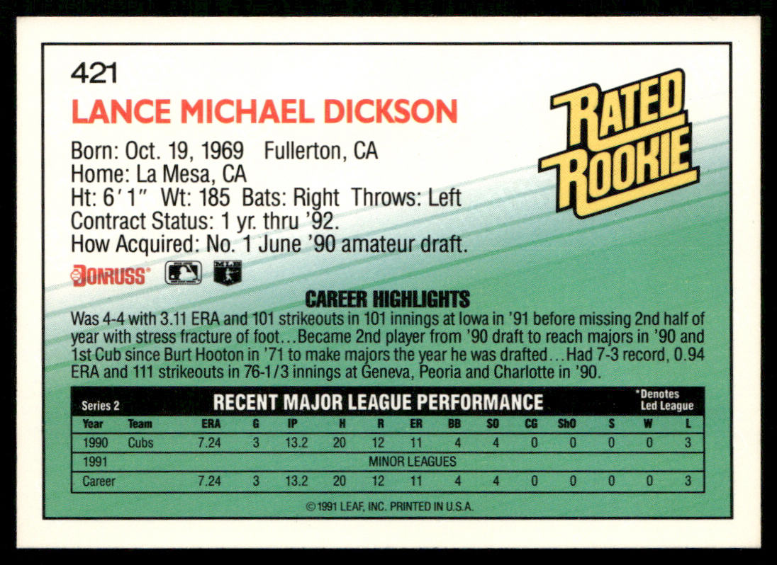 Lance Dickson 1992 Donruss #421 Chicago Cubs