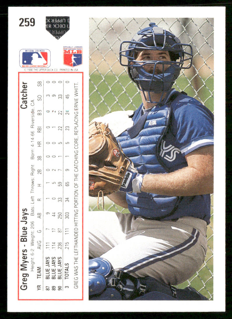 Greg Myers 1991 Upper Deck #259b Toronto Blue Jays