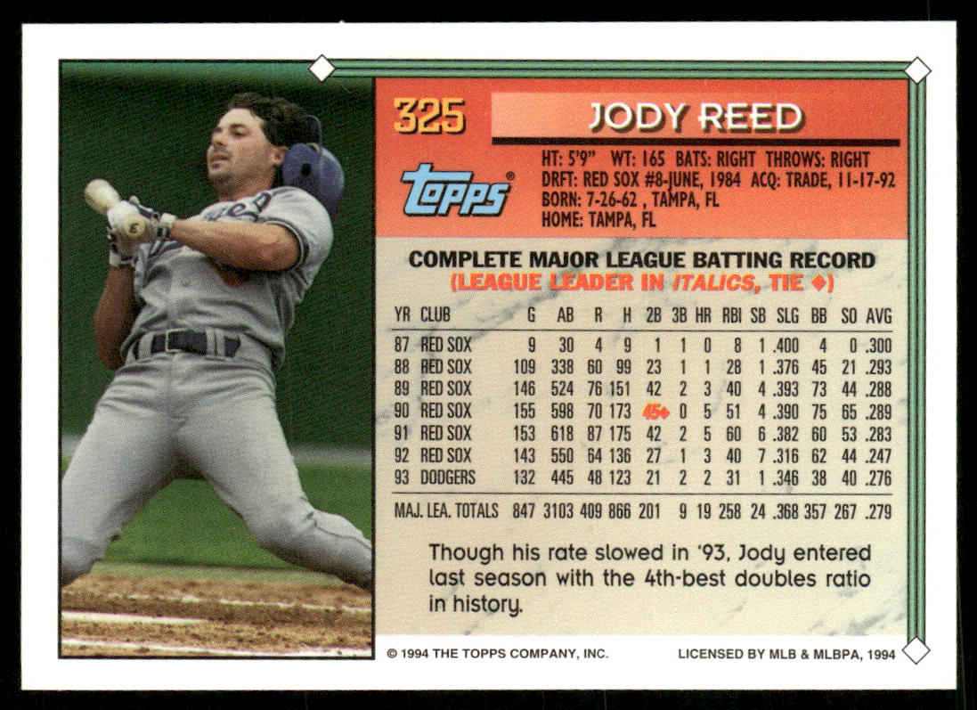Jody Reed 1994 Topps #325b Los Angeles Dodgers