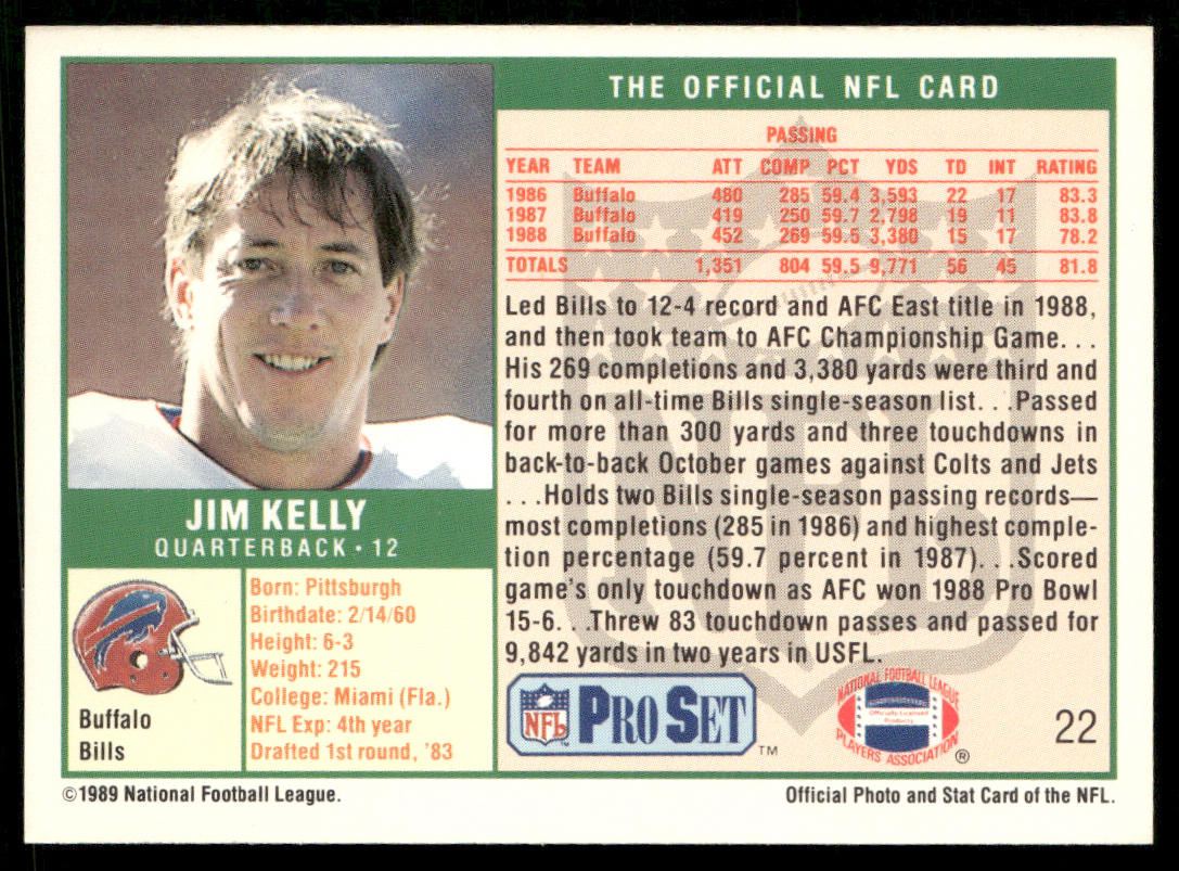 Jim Kelly 1989 Pro Set #22 Buffalo Bills