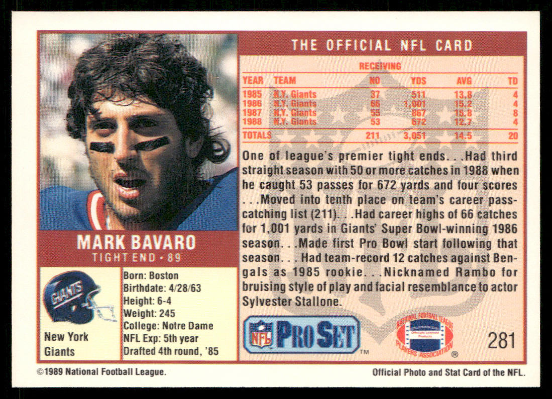 Mark Bavaro 1989 Pro Set #281 New York Giants