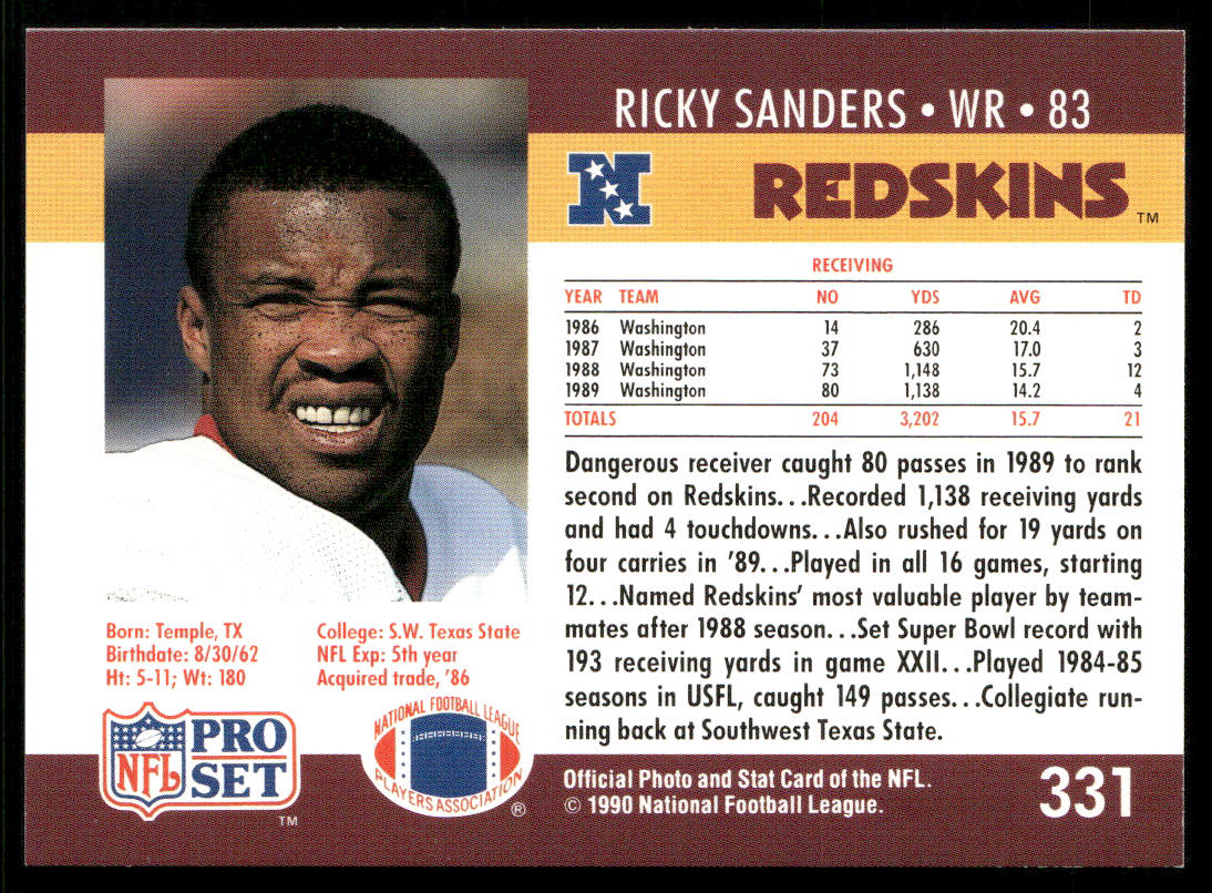 Ricky Sanders 1990 Pro Set #331 Washington Redskins