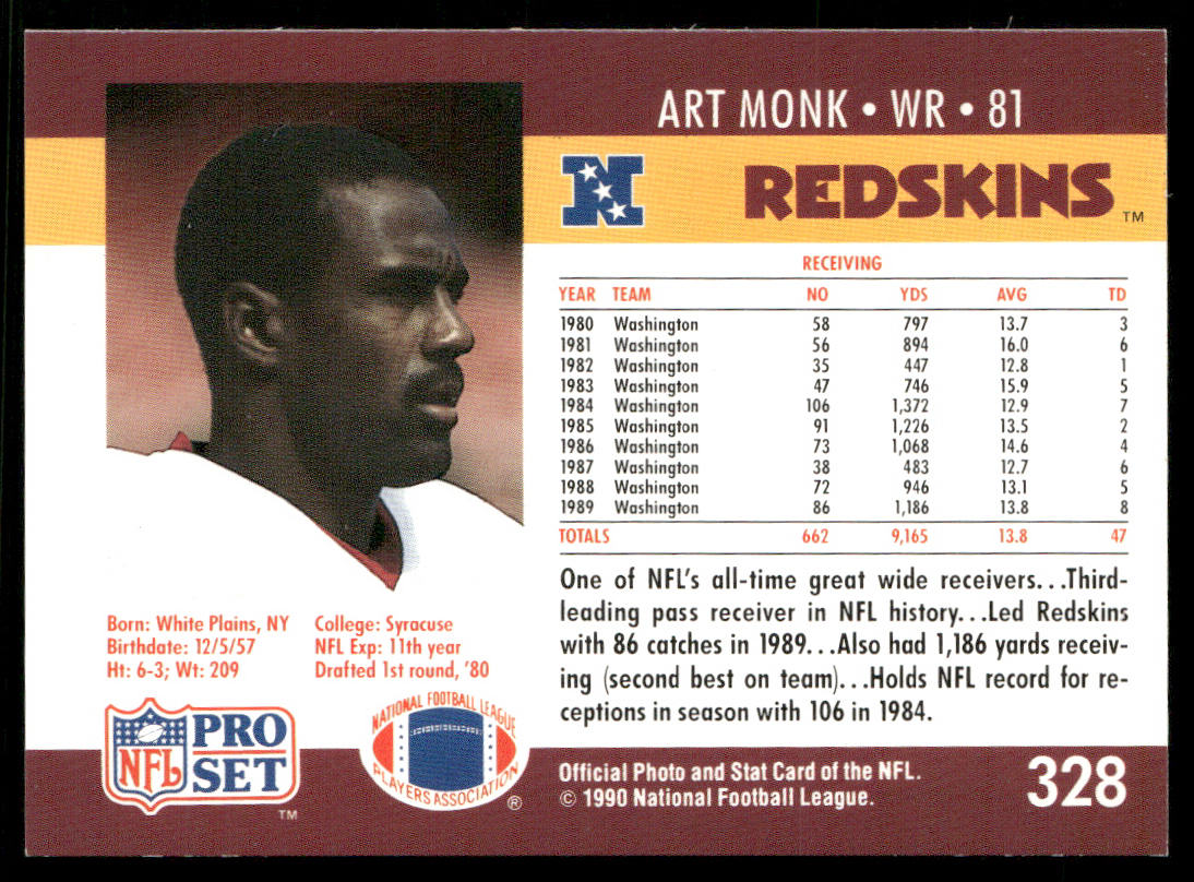 Art Monk 1990 Pro Set #328 Washington Redskins