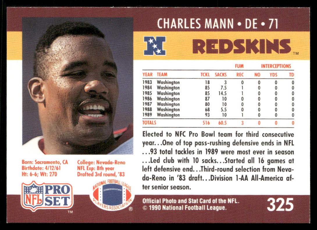 Charles Mann 1990 Pro Set #325 Washington Redskins
