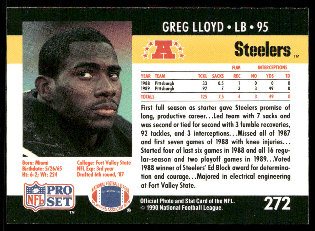 Greg Lloyd 1990 Pro Set #272 RC Pittsburgh Steelers