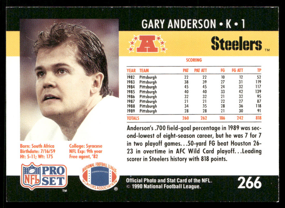 Gary Anderson 1990 Pro Set #266 Pittsburgh Steelers