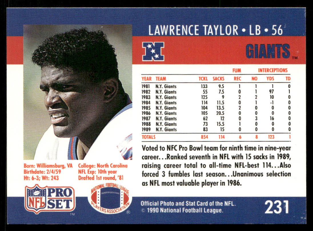 Lawrence Taylor 1990 Pro Set #231 New York Giants