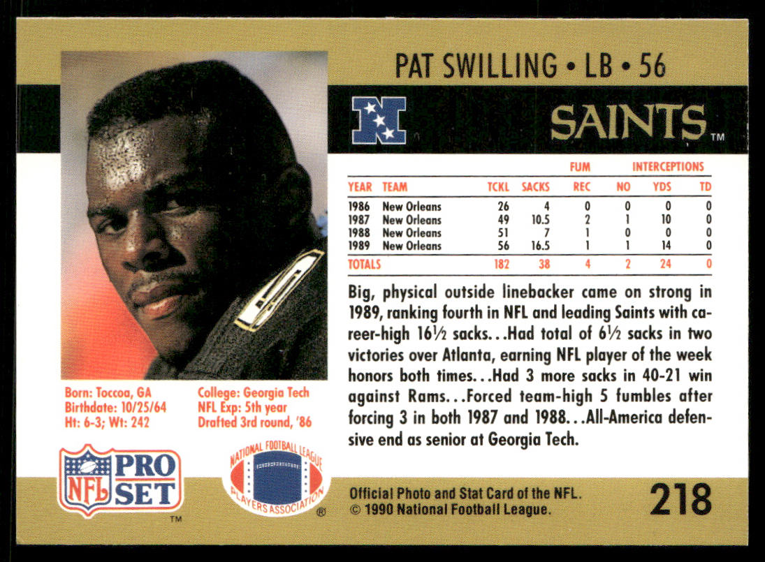 Pat Swilling 1990 Pro Set #218 New Orleans Saints