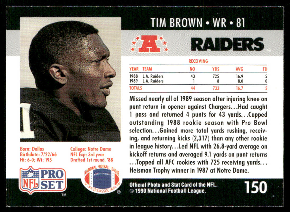 Tim Brown 1990 Pro Set #150 Los Angeles Raiders