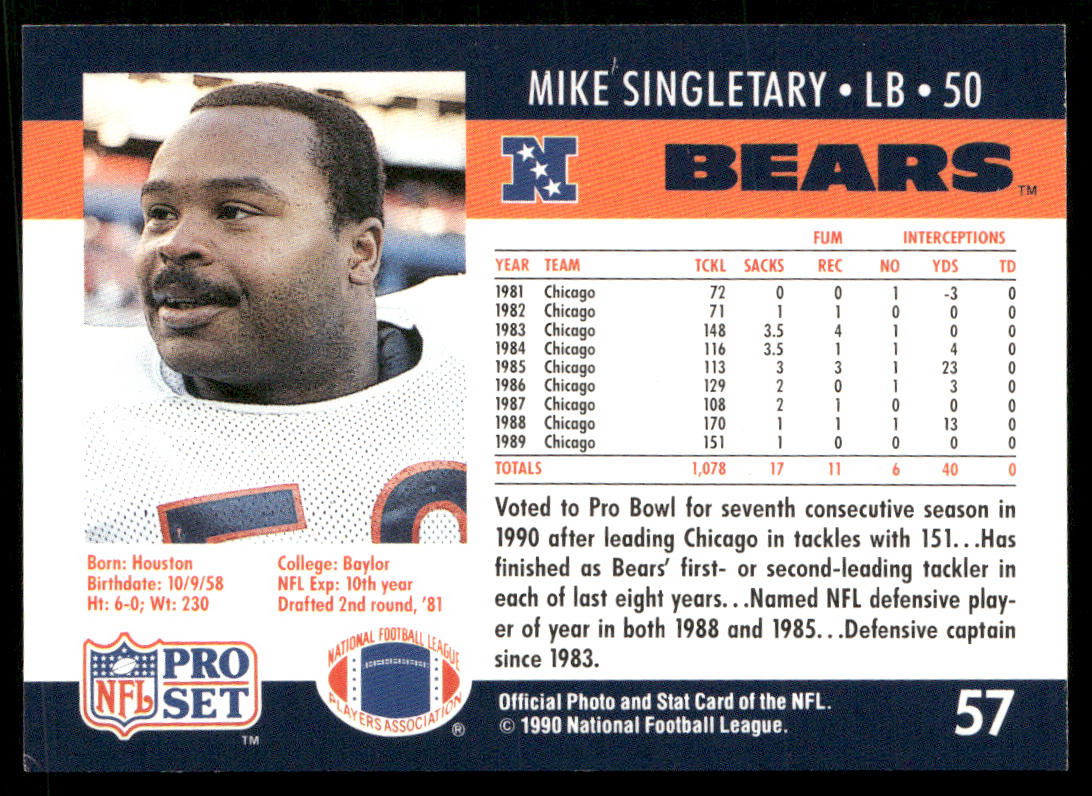Mike Singletary 1990 Pro Set #57 Chicago Bears