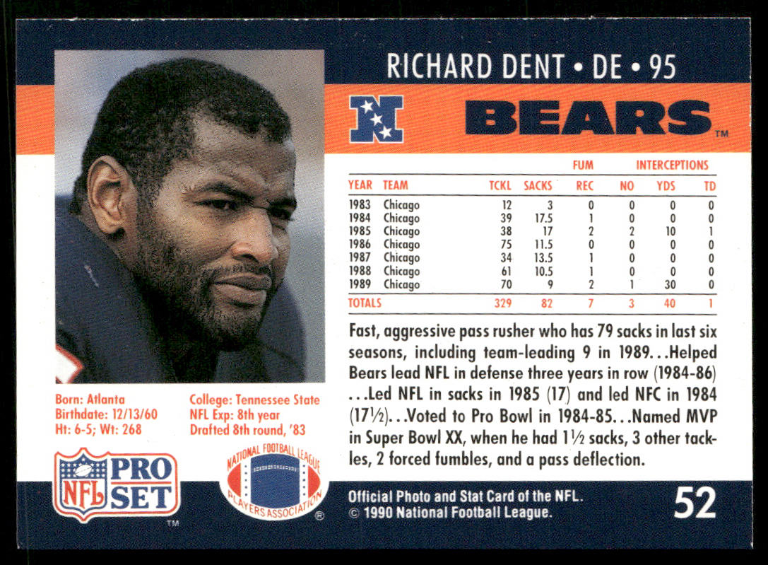 Richard Dent 1990 Pro Set #52 Chicago Bears