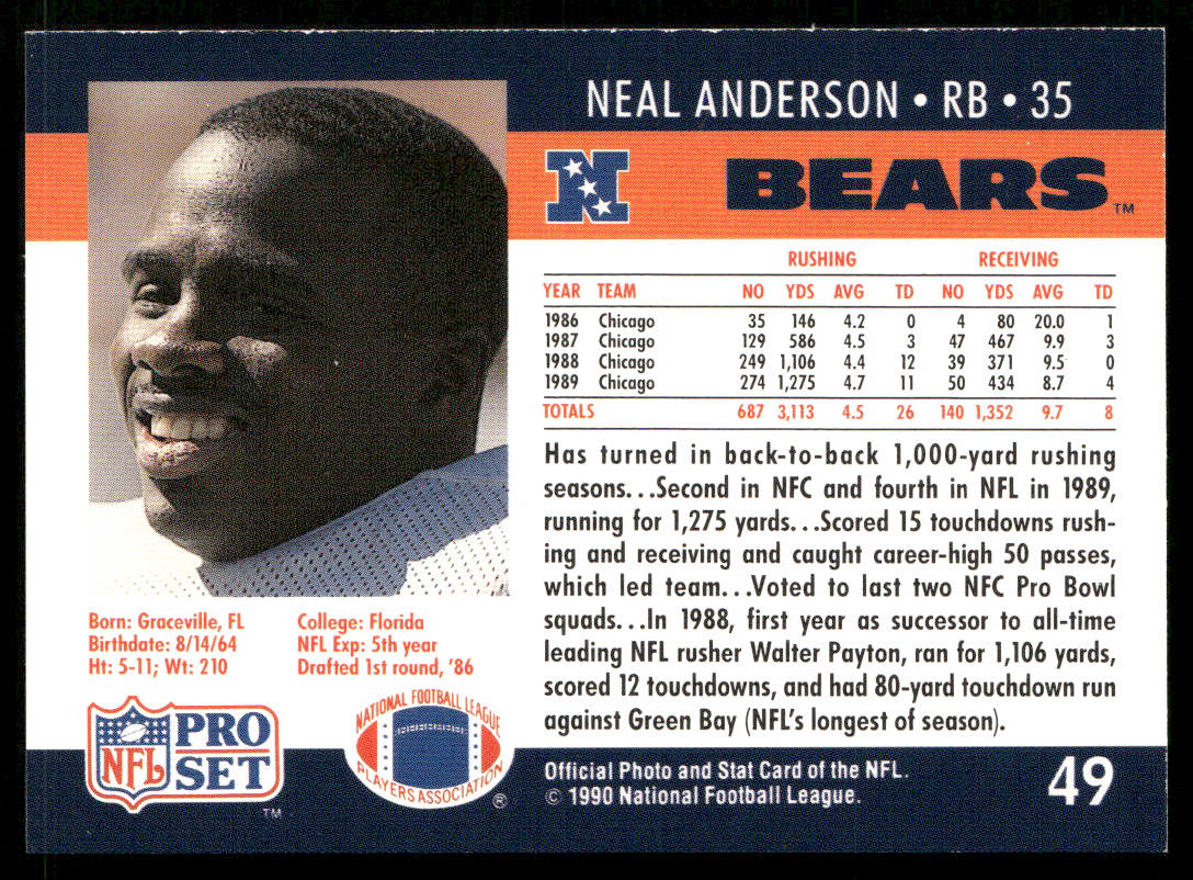 Neal Anderson 1990 Pro Set #49 Chicago Bears