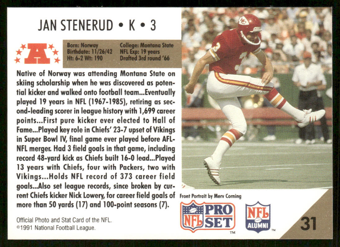Jan Stenerud 1991 Pro Set #31 Kansas City Chiefs