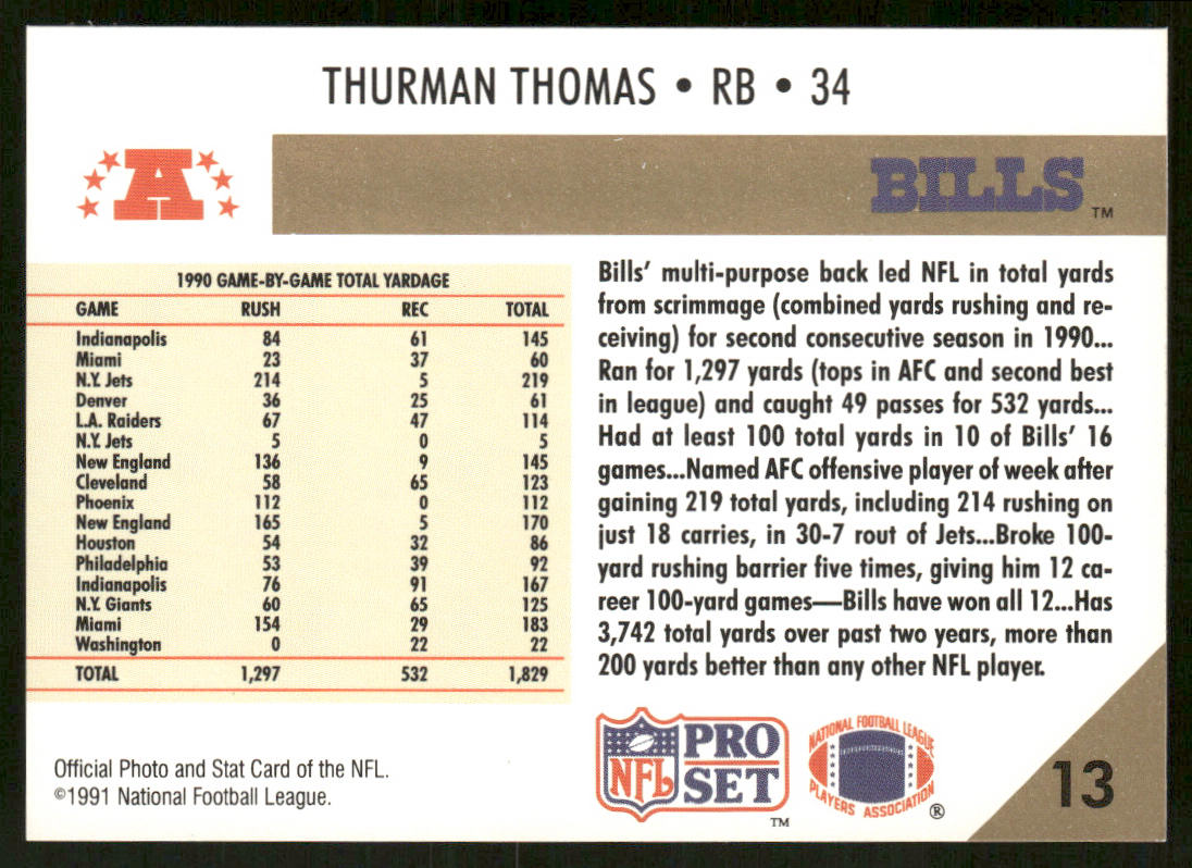 Thurman Thomas 1991 Pro Set #13 Buffalo Bills