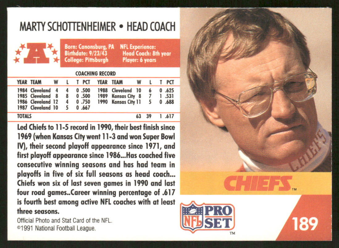 Marty Schottenheimer 1991 Pro Set #189 Kansas City Chiefs