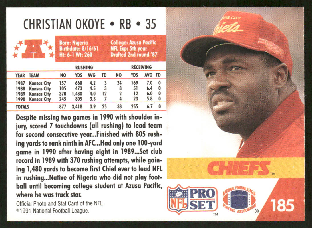 Christian Okoye 1991 Pro Set #185 Kansas City Chiefs
