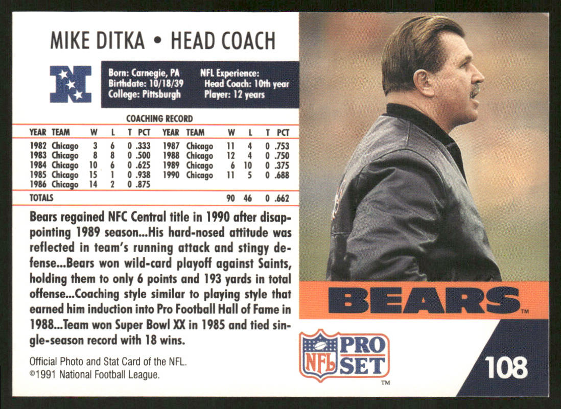 Mike Ditka 1991 Pro Set #108 Chicago Bears