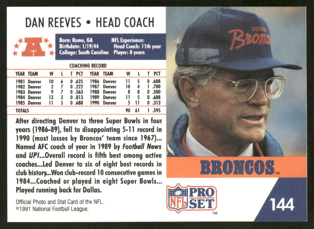 Dan Reeves 1991 Pro Set #144 Denver Broncos