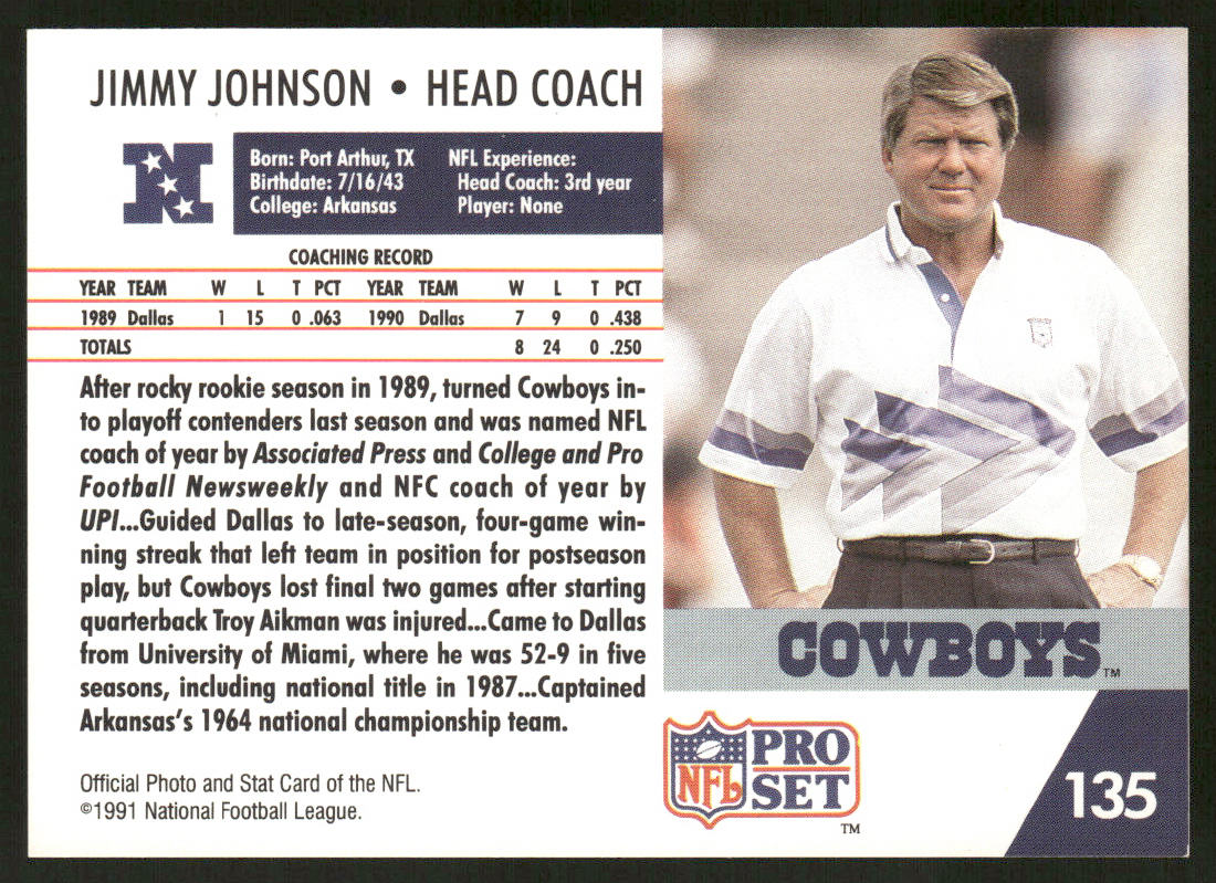 Jimmy Johnson 1991 Pro Set #135 Dallas Cowboys