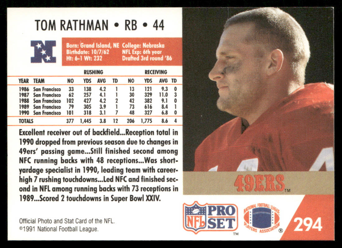 Tom Rathman 1991 Pro Set #294 San Francisco 49ers