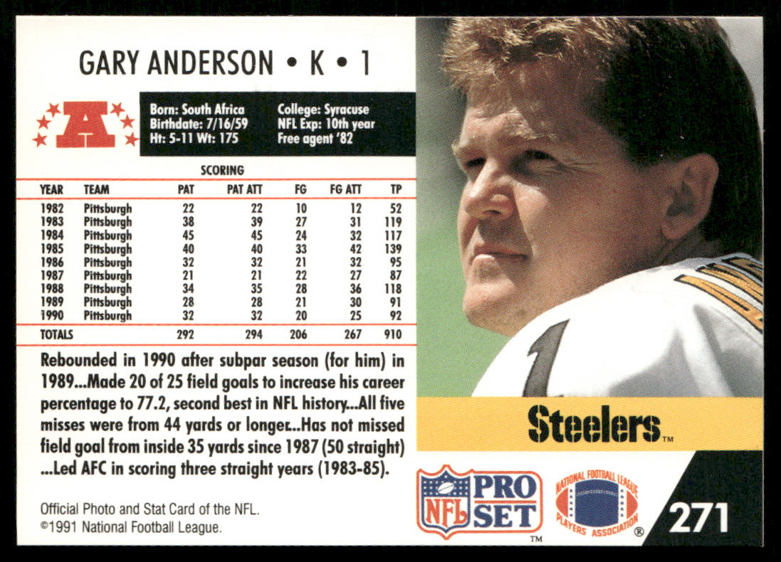Gary Anderson 1991 Pro Set #271 Pittsburgh Steelers