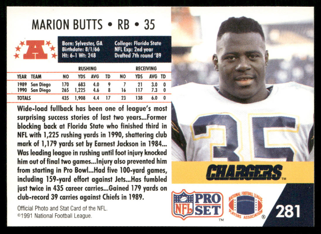 Marion Butts 1991 Pro Set #281 San Diego Chargers