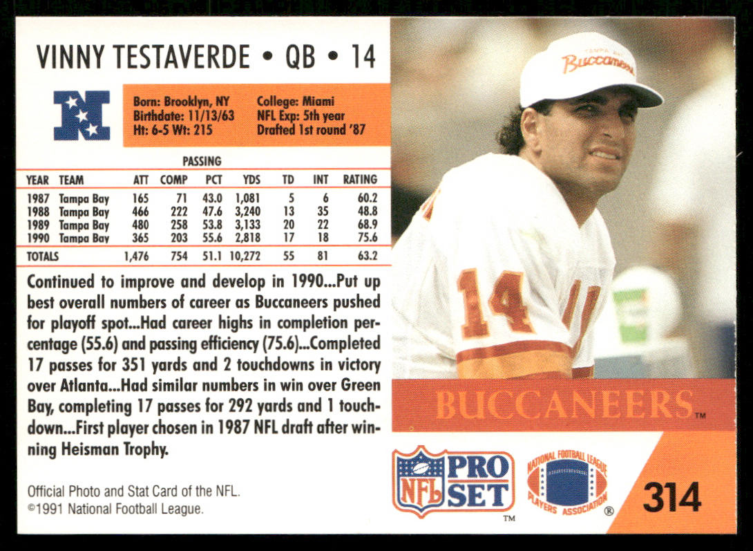 Vinny Testaverde 1991 Pro Set #314 Tampa Bay Buccaneers