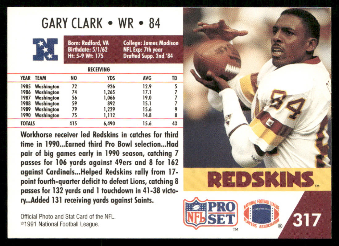 Gary Clark 1991 Pro Set #317 Washington Redskins