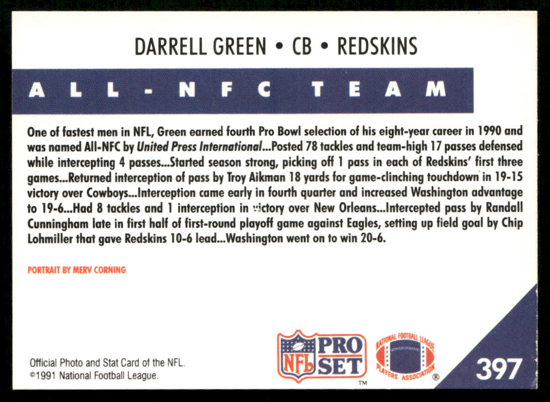 Darrell Green 1991 Pro Set #397 Washington Redskins