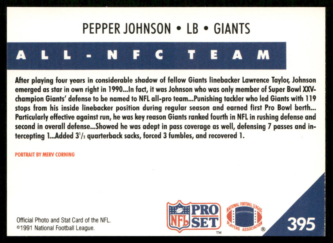 Pepper Johnson 1991 Pro Set #395 New York Giants