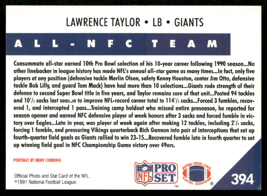 Lawrence Taylor 1991 Pro Set #394 New York Giants