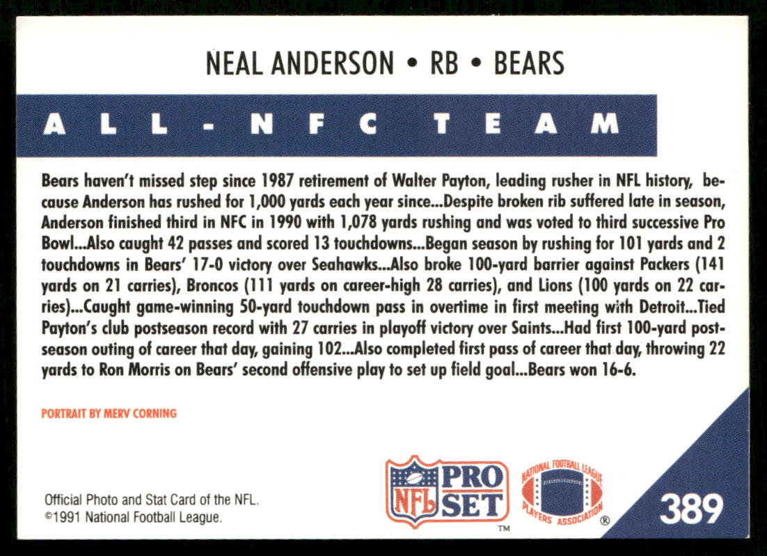 Neal Anderson 1991 Pro Set #389 Chicago Bears
