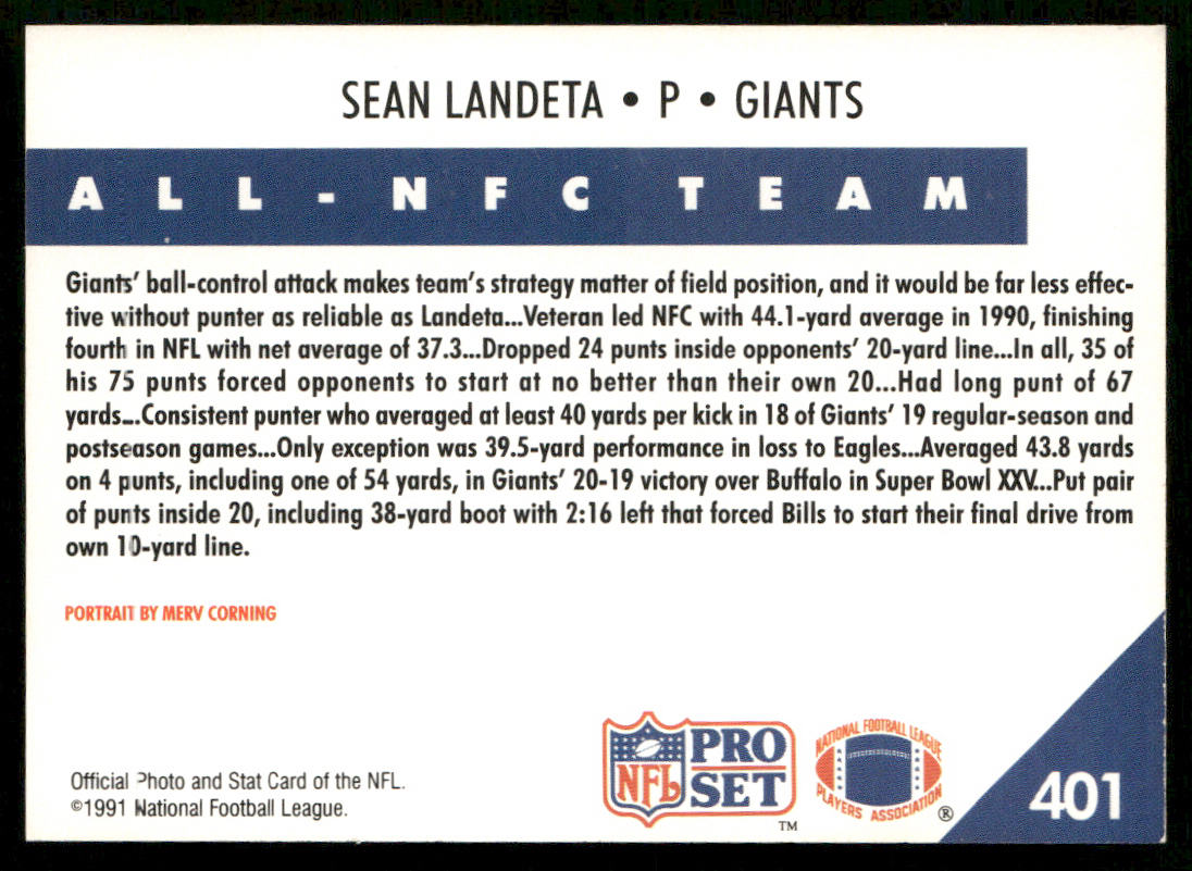 Sean Landeta 1991 Pro Set #401 New York Giants