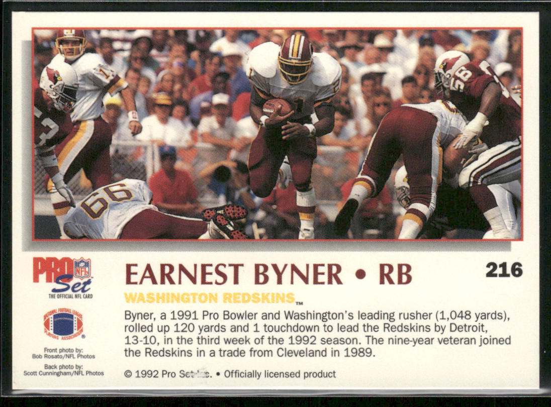 Earnest Byner 1992 Pro Set Power #216 Washington Redskins