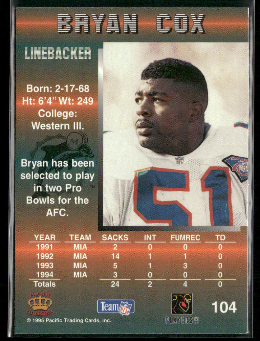 Bryan Cox 1995 Pacific #104 Miami Dolphins